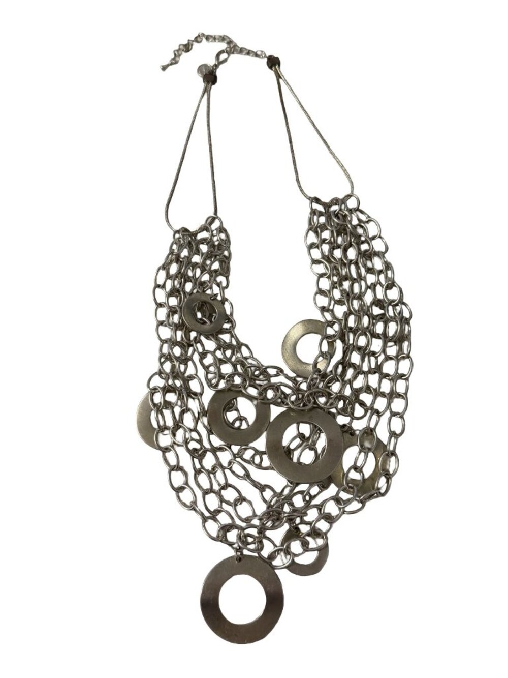 Silver Tone Multi Strand Chain Statement Necklace Open Circle Bib Logo Signed 16